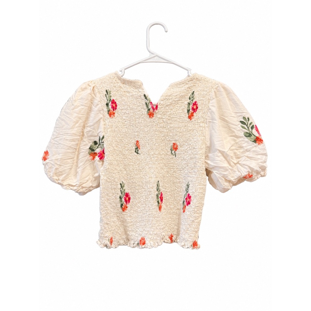 Melloday Womens Smocked Floral Embroidered Puff Sleeve Crop Top Cream Large